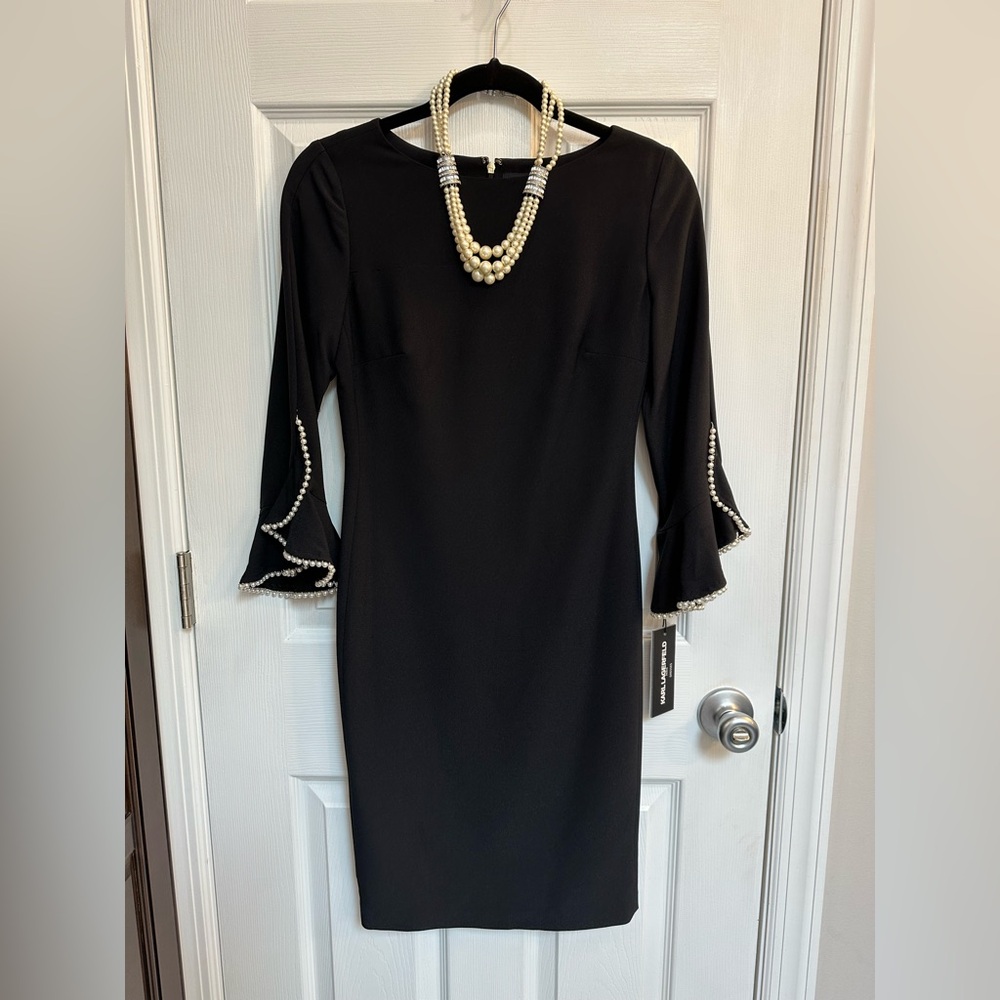 BNWT black Karl Lagerfeld dress with pearl embellished 3/4 sleeves size 0